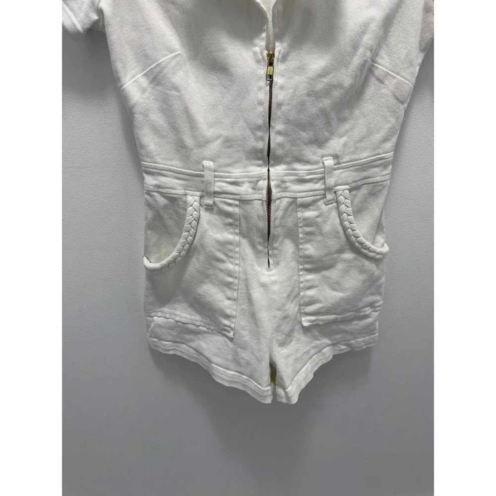 Show Me Your Mumu Outlaw Romper Pearly White Denim Short Sleeve Utility Small